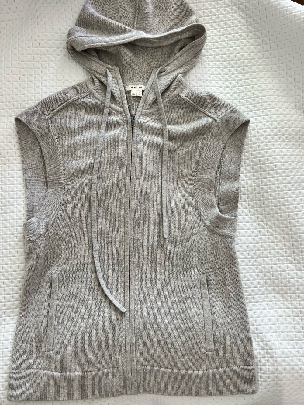 Helmut Lang 100% Cashmere Hooded Zip-Up Vest in Heather Gray. Unisex